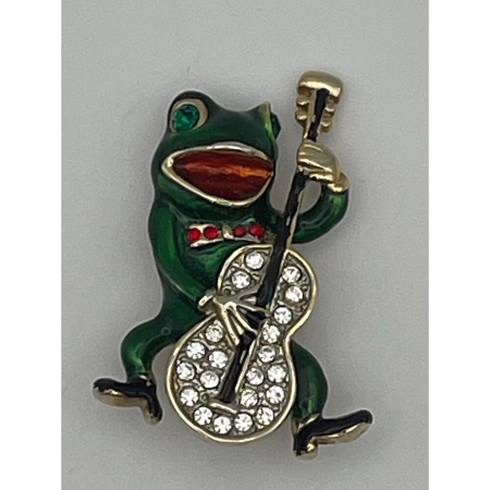 Vintage Singing Frog Cello Anthromorphic Brooch 2.5"